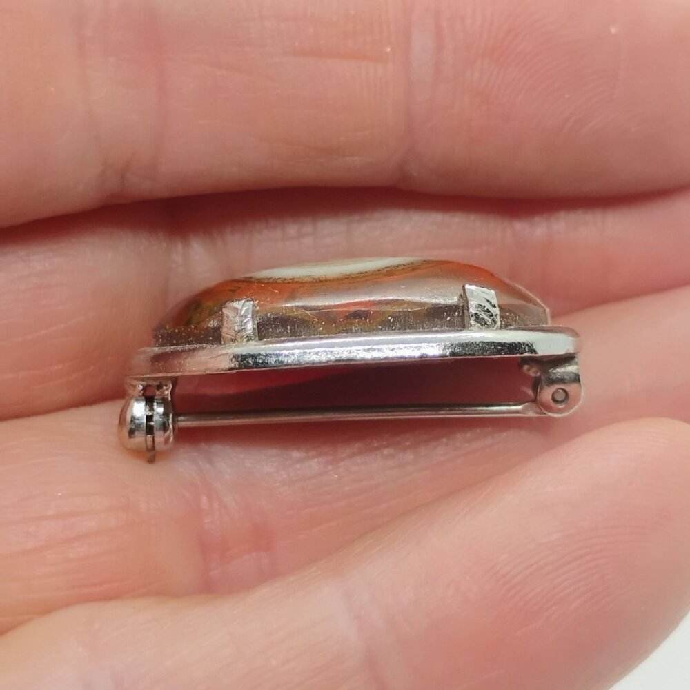 Vtg Bullseye Eye Agate Brooch Silver Tone Carnelian Orange Brown White Oval - Picture 7 of 8
